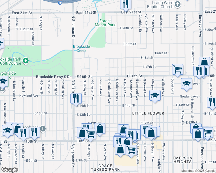 map of restaurants, bars, coffee shops, grocery stores, and more near 1504 North Gladstone Avenue in Indianapolis