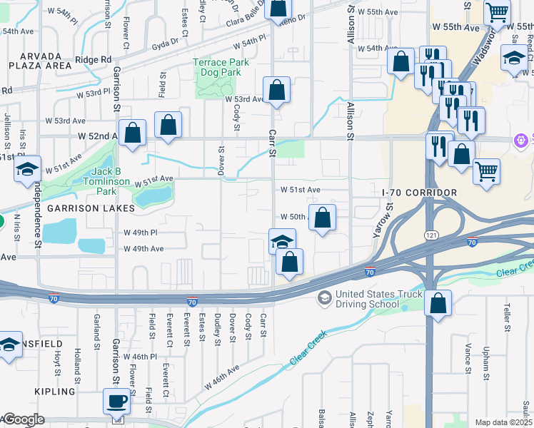 map of restaurants, bars, coffee shops, grocery stores, and more near 5009 Carr Street in Arvada