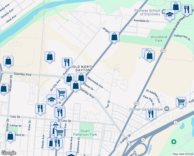 map of restaurants, bars, coffee shops, grocery stores, and more near 140 Kelly Avenue in Dayton