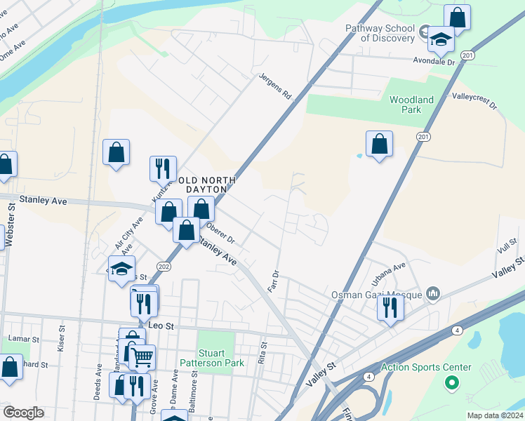 map of restaurants, bars, coffee shops, grocery stores, and more near 165 Kelly Avenue in Dayton