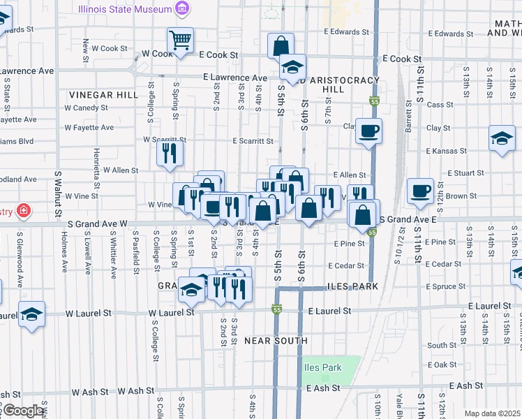 map of restaurants, bars, coffee shops, grocery stores, and more near 1214 South 4th Street in Springfield