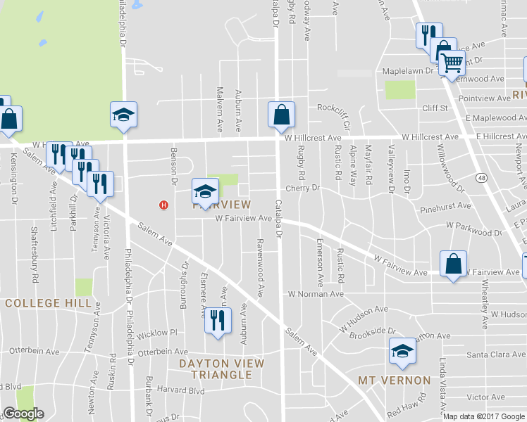 map of restaurants, bars, coffee shops, grocery stores, and more near 923 West Fairview Avenue in Dayton