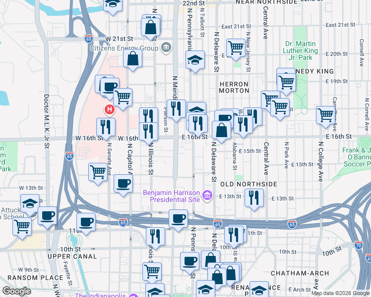 map of restaurants, bars, coffee shops, grocery stores, and more near 1525n North Meridian Street in Indianapolis