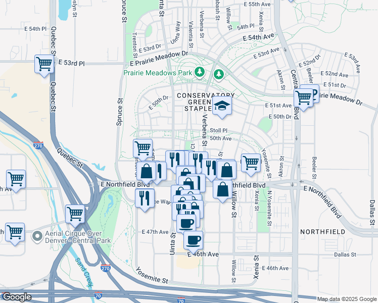 map of restaurants, bars, coffee shops, grocery stores, and more near 8303 Northfield Boulevard in Denver