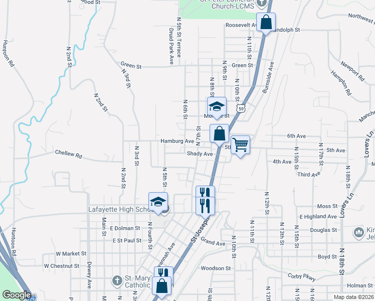map of restaurants, bars, coffee shops, grocery stores, and more near 601 Shady Avenue in Saint Joseph