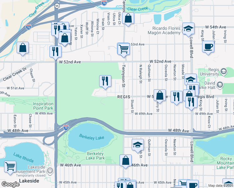 map of restaurants, bars, coffee shops, grocery stores, and more near 4435 West 50th Avenue in Denver