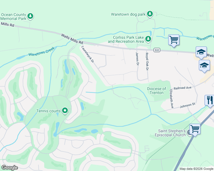 map of restaurants, bars, coffee shops, grocery stores, and more near 34 Laurelwyck Drive in Ocean Township