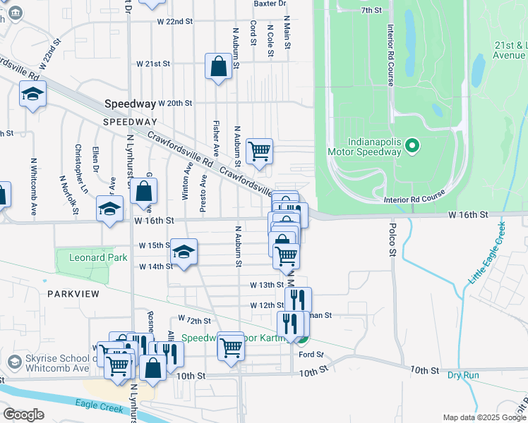 map of restaurants, bars, coffee shops, grocery stores, and more near 4936 West 16th Street in Indianapolis