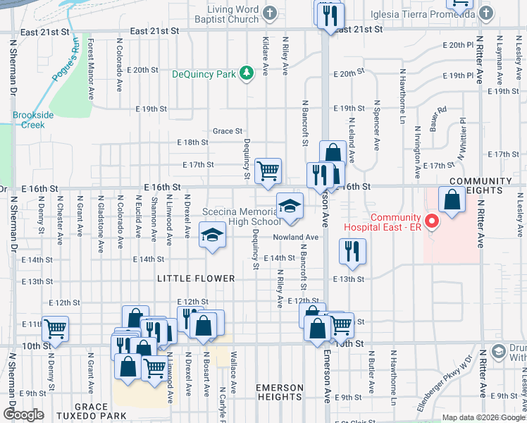 map of restaurants, bars, coffee shops, grocery stores, and more near 1451 Dequincy Street in Indianapolis