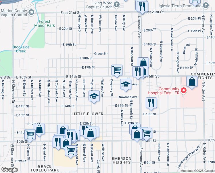 map of restaurants, bars, coffee shops, grocery stores, and more near 1506 Dequincy Street in Indianapolis