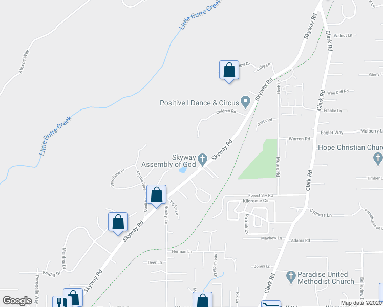 map of restaurants, bars, coffee shops, grocery stores, and more near 8797 Skyway in Paradise