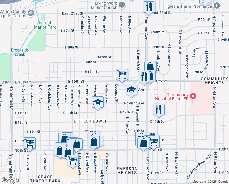 map of restaurants, bars, coffee shops, grocery stores, and more near 1506 Dequincy Street in Indianapolis