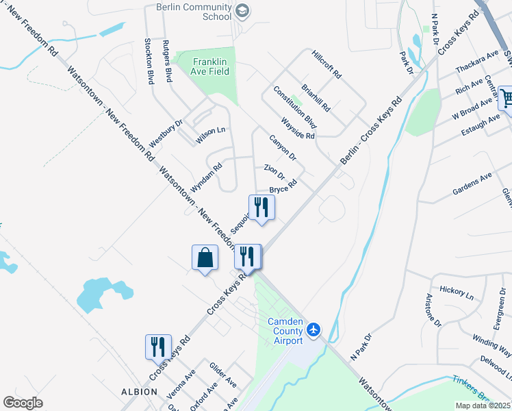 map of restaurants, bars, coffee shops, grocery stores, and more near 43 Sequoia Drive in Berlin