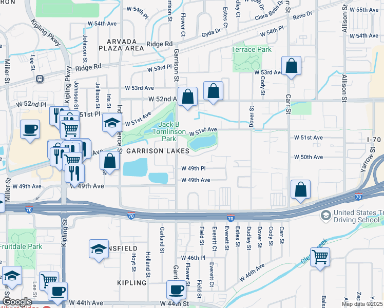 map of restaurants, bars, coffee shops, grocery stores, and more near 9118 West 50th Lane in Arvada