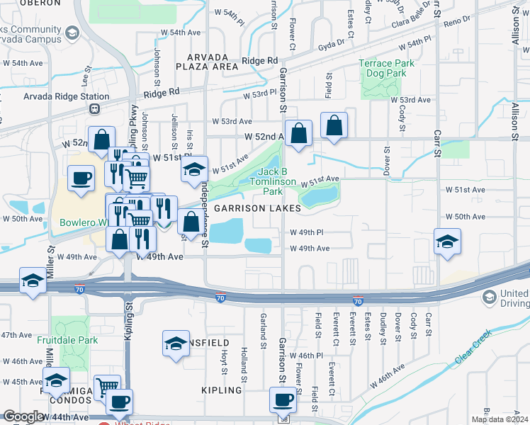 map of restaurants, bars, coffee shops, grocery stores, and more near in Wheat Ridge