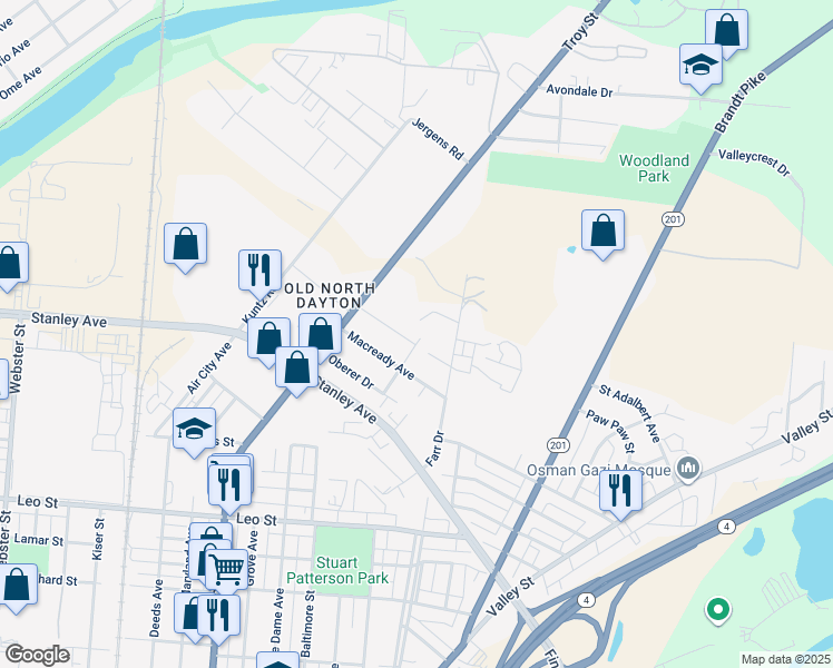 map of restaurants, bars, coffee shops, grocery stores, and more near 165 Kelly Avenue in Dayton
