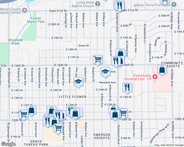 map of restaurants, bars, coffee shops, grocery stores, and more near 1506 Dequincy Street in Indianapolis