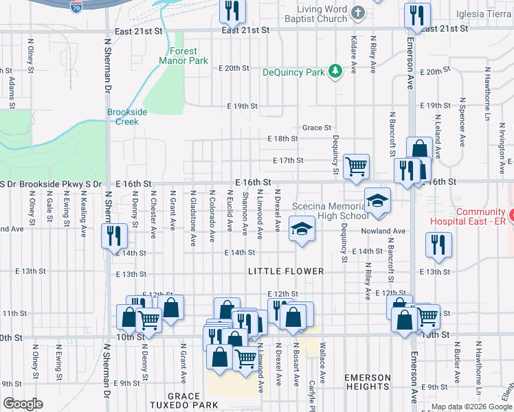 map of restaurants, bars, coffee shops, grocery stores, and more near 1475 North Linwood Avenue in Indianapolis