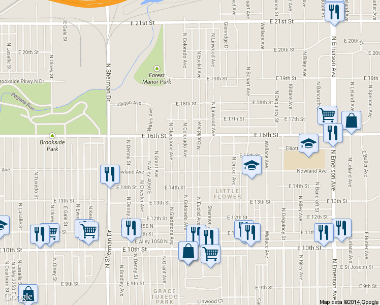 map of restaurants, bars, coffee shops, grocery stores, and more near 1501 North Colorado Avenue in Indianapolis