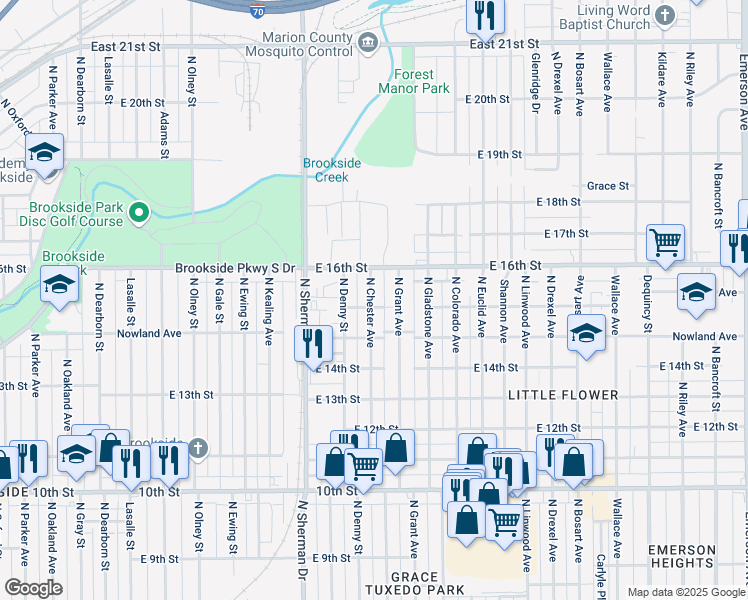 map of restaurants, bars, coffee shops, grocery stores, and more near 1502 North Chester Avenue in Indianapolis