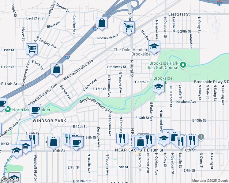 map of restaurants, bars, coffee shops, grocery stores, and more near 1521 North Tacoma Avenue in Indianapolis