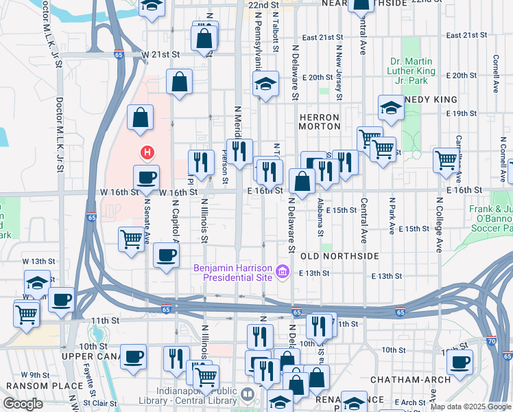 map of restaurants, bars, coffee shops, grocery stores, and more near 1455 North Pennsylvania Street in Indianapolis