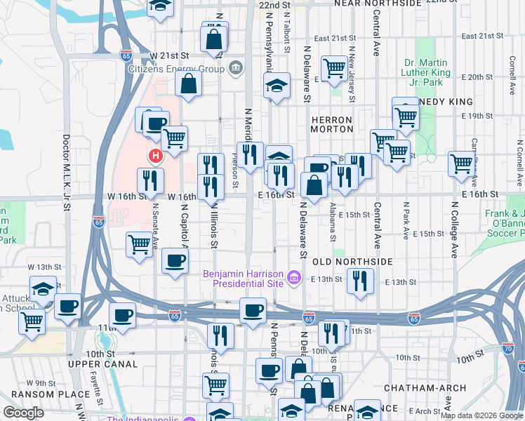 map of restaurants, bars, coffee shops, grocery stores, and more near 1525n North Meridian Street in Indianapolis
