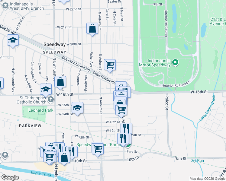 map of restaurants, bars, coffee shops, grocery stores, and more near 4936 West 16th Street in Indianapolis
