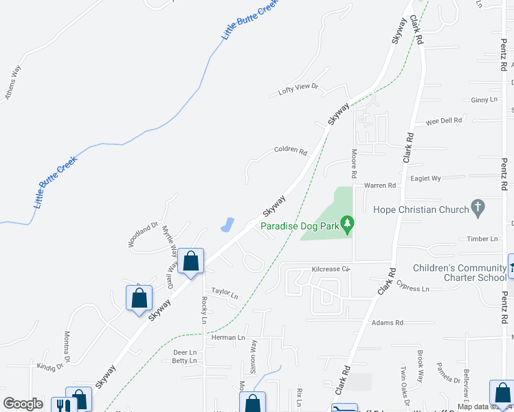 map of restaurants, bars, coffee shops, grocery stores, and more near 8819 Skyway in Paradise