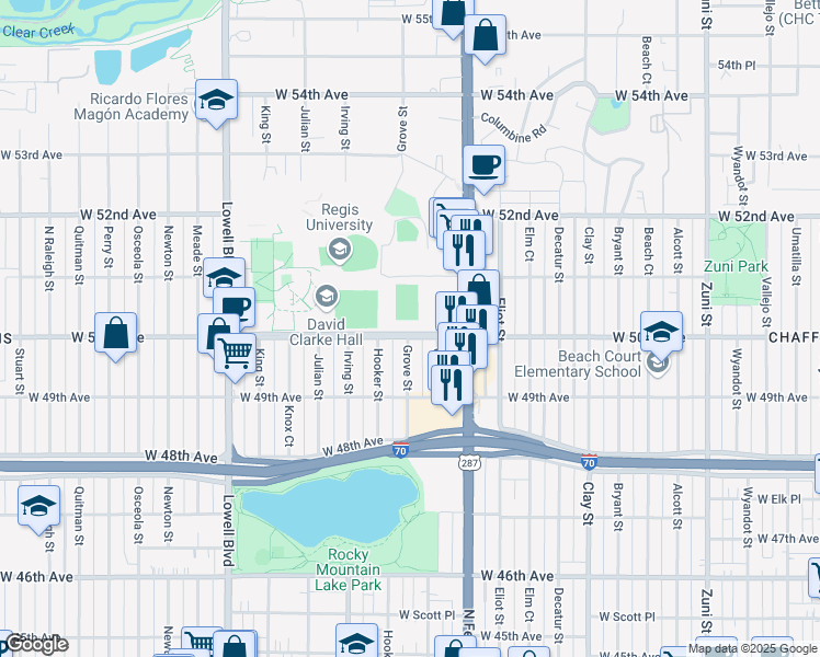 map of restaurants, bars, coffee shops, grocery stores, and more near Grove Street in Denver