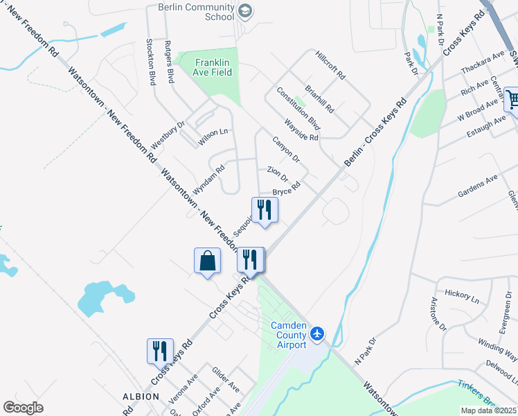 map of restaurants, bars, coffee shops, grocery stores, and more near 43 Sequoia Drive in Berlin