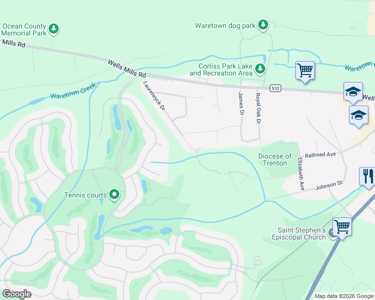 map of restaurants, bars, coffee shops, grocery stores, and more near 34 Laurelwyck Drive in Ocean Township