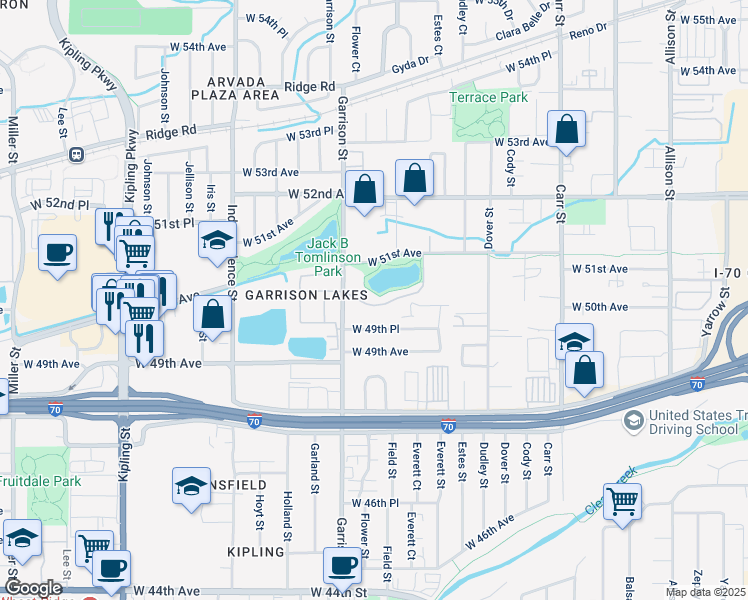 map of restaurants, bars, coffee shops, grocery stores, and more near 9118 West 50th Lane in Arvada