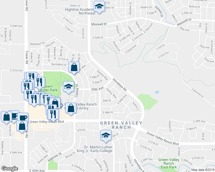 map of restaurants, bars, coffee shops, grocery stores, and more near 19706 50th Avenue in Denver