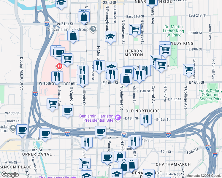 map of restaurants, bars, coffee shops, grocery stores, and more near 1503 North Pennsylvania Street in Indianapolis