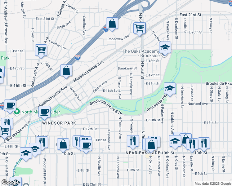 map of restaurants, bars, coffee shops, grocery stores, and more near 1521 North Tacoma Avenue in Indianapolis