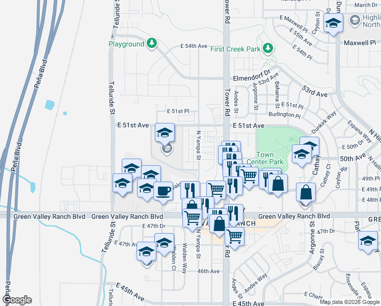 map of restaurants, bars, coffee shops, grocery stores, and more near 5026 North Walden Way in Denver