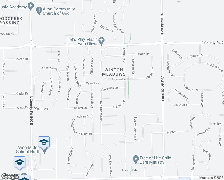 map of restaurants, bars, coffee shops, grocery stores, and more near 8627 Claverdon Lane in Avon