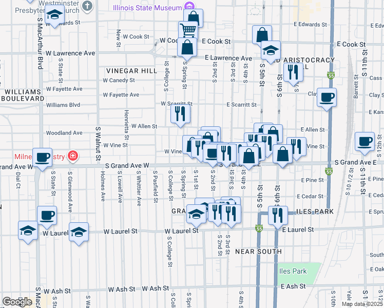 map of restaurants, bars, coffee shops, grocery stores, and more near 110 West Vine Street in Springfield