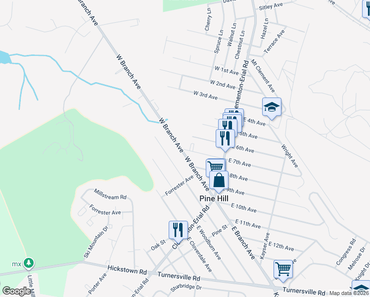 map of restaurants, bars, coffee shops, grocery stores, and more near 40 West 7th Avenue in Pine Hill