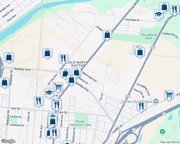 map of restaurants, bars, coffee shops, grocery stores, and more near 23 Macready Avenue in Dayton