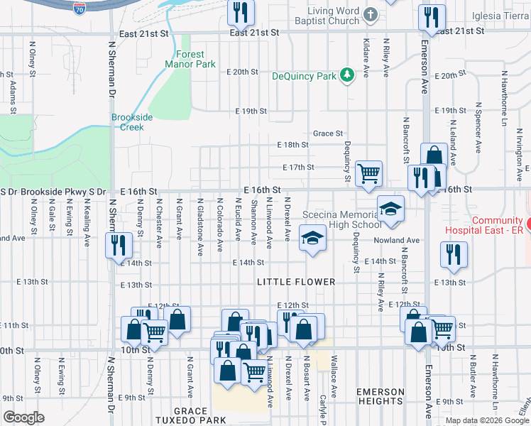 map of restaurants, bars, coffee shops, grocery stores, and more near 1475 North Linwood Avenue in Indianapolis