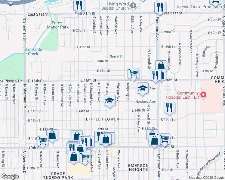 map of restaurants, bars, coffee shops, grocery stores, and more near 4723 East 15th Street in Indianapolis