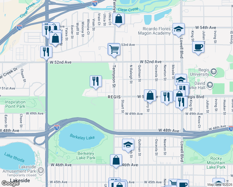 map of restaurants, bars, coffee shops, grocery stores, and more near 5010 Tennyson Street in Denver