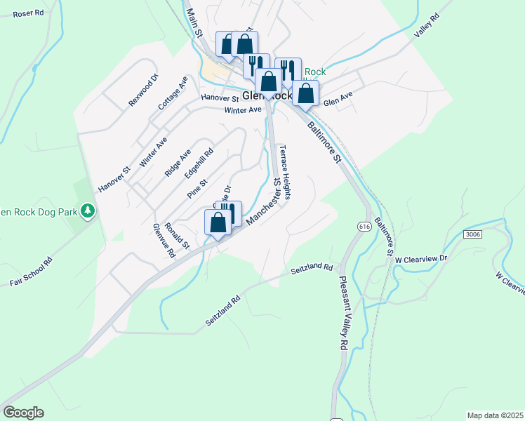 map of restaurants, bars, coffee shops, grocery stores, and more near Manchester Street in Glen Rock