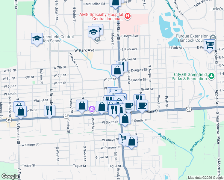 map of restaurants, bars, coffee shops, grocery stores, and more near 16 Walnut Street in Greenfield