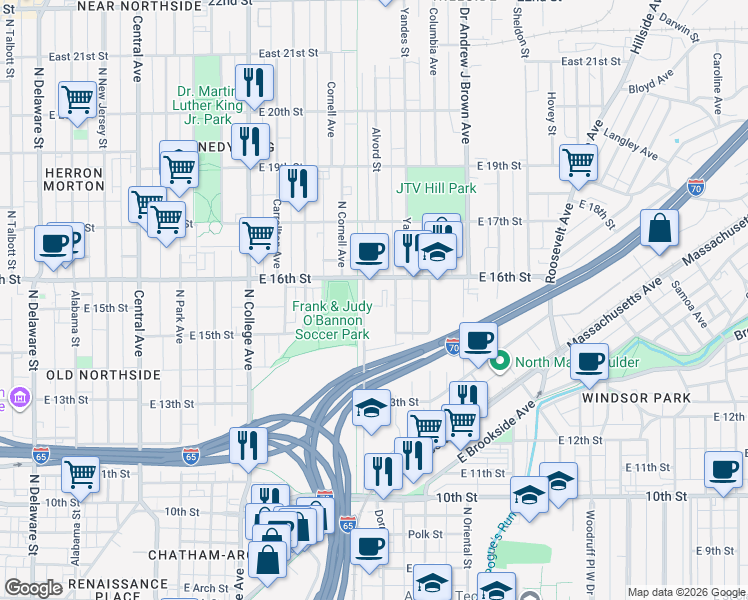 map of restaurants, bars, coffee shops, grocery stores, and more near 1129 E 16th St in Indianapolis