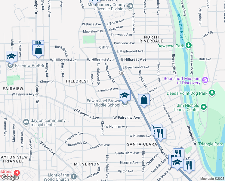 map of restaurants, bars, coffee shops, grocery stores, and more near 22 Pinehurst Avenue in Dayton