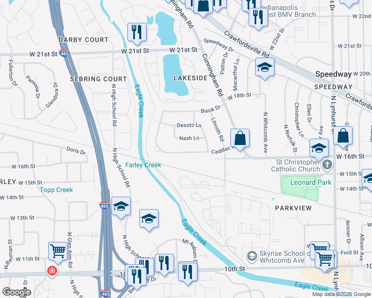 map of restaurants, bars, coffee shops, grocery stores, and more near 5921 Cadillac Drive in Speedway