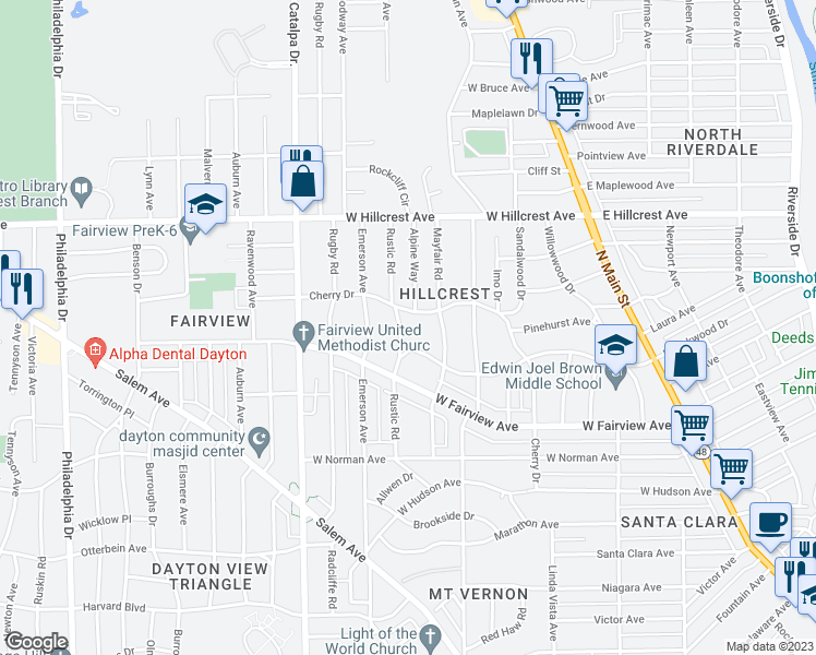 map of restaurants, bars, coffee shops, grocery stores, and more near 2216 Rustic Road in Dayton